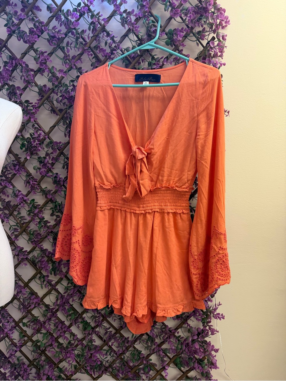 Blue Rain Orange Tie-Front Long Sleeve Romper